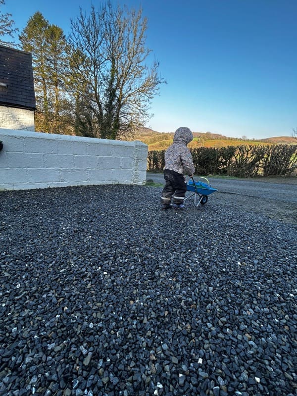 Child with wheelbarrow on the farm